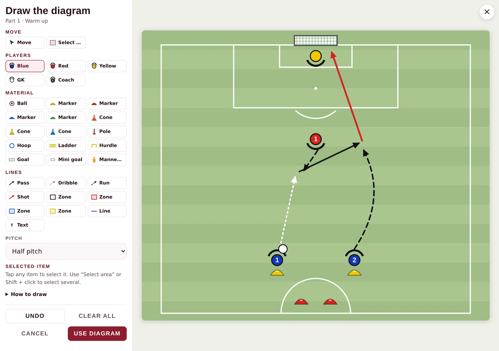 The tactical board: a 2v1 exercise drawn on a half pitch, with players, goals, passes and runs.