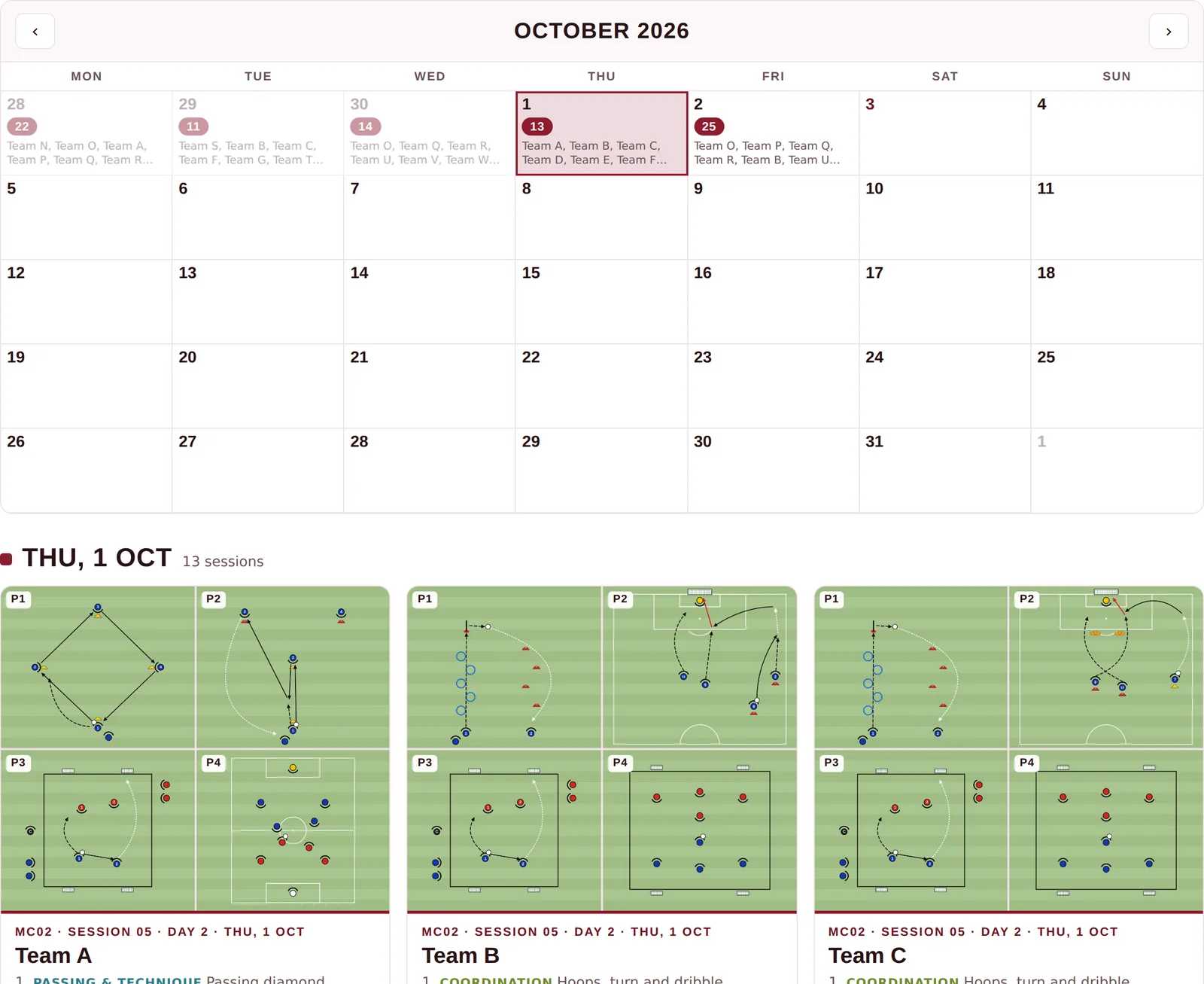 The academy calendar for October with the sessions of Thursday 1 October listed below.