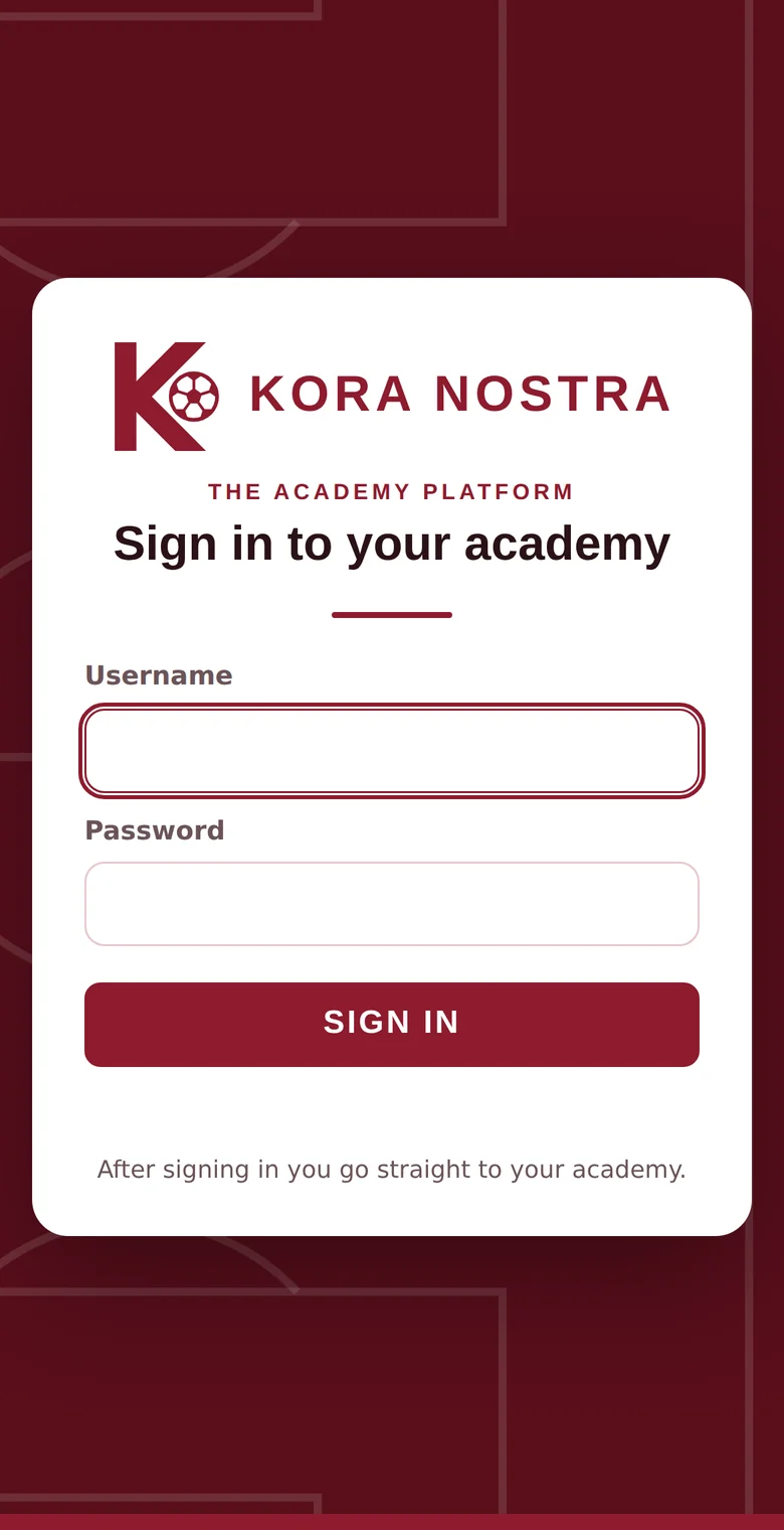 The Kora Nostra sign-in screen on a phone.